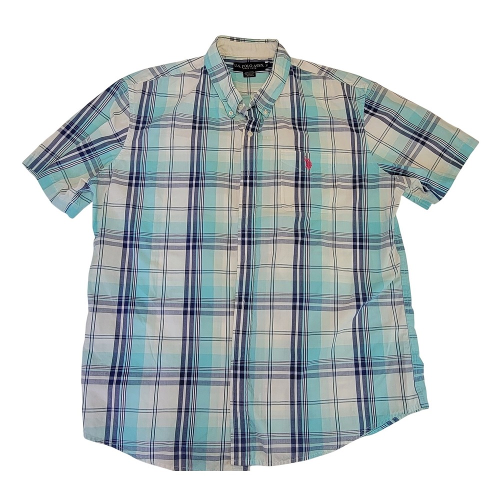 US Polo Assn. Mens XL Plaid‎ Short Sleeve Button Down Shirt Casual Blue